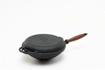 Сковорода чугунная WOK 26&times;8 с крышкой-сковородой и деревянной ручкой ТМ SYTON 2680WH-KS фото